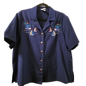Vintage Nautical Sailboat Embroidered Button-Up Shirt Lighthouse MP Bon Worth